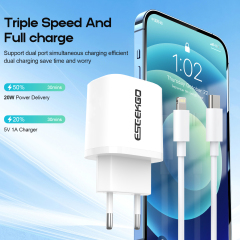 ESEEKGO ES-38EUL SET PD20W+QC3.0 Fast Wall Charger With 3.3FT USB C To 8PIN Cable（2 Ports / EU）