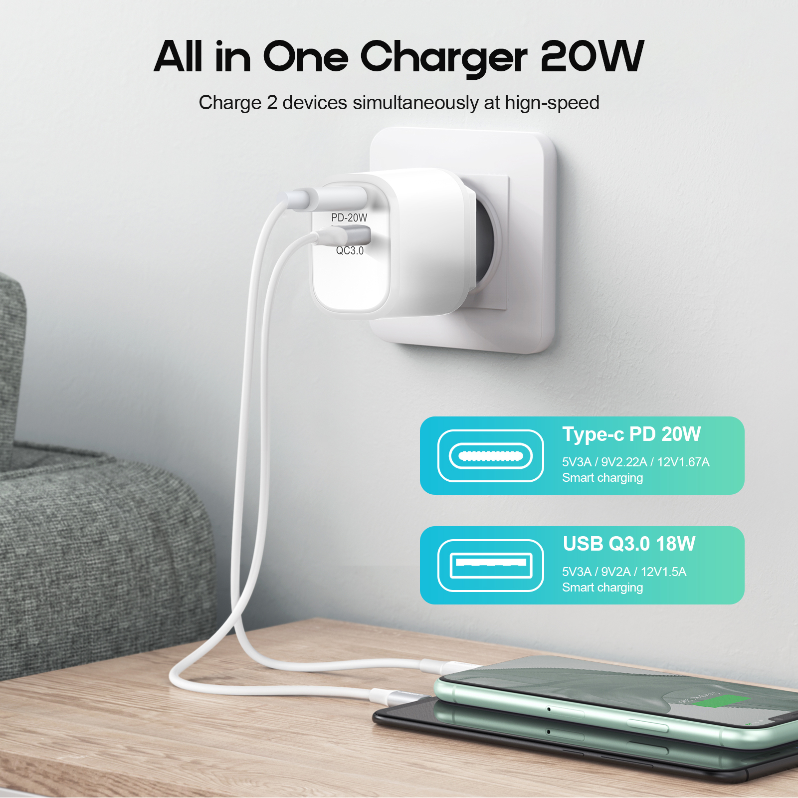 ESEEKGO ES-38EUL SET PD20W+QC3.0 Fast Wall Charger With 3.3FT USB C To 8PIN Cable（2 Ports / EU）