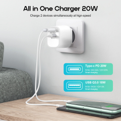 ESEEKGO ES-38EUL SET PD20W+QC3.0 Fast Wall Charger With 3.3FT USB C To 8PIN Cable（2 Ports / EU）