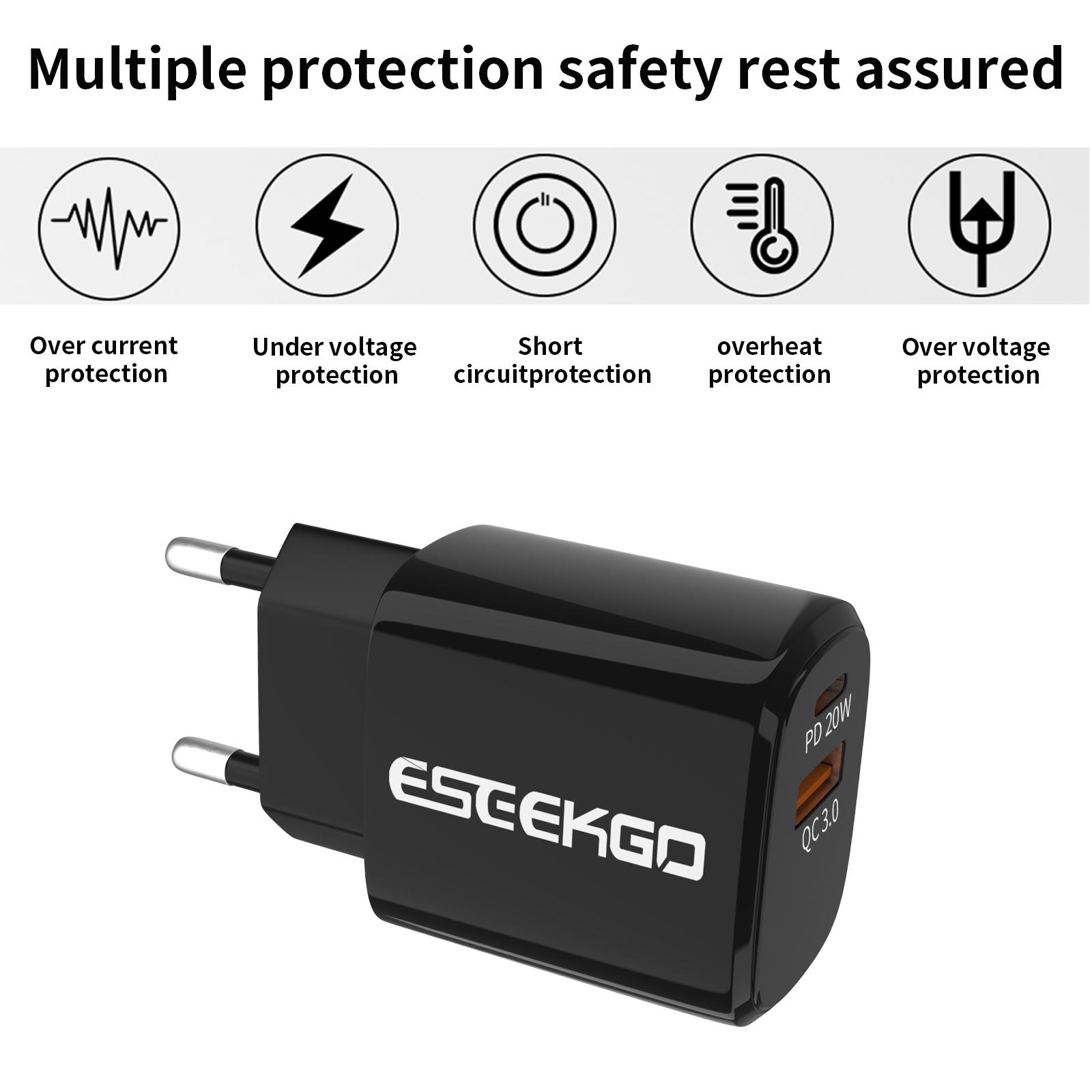 ESEEKGO ES38-EB PD20W+QC3.0 Fast Wall Charger（2 Ports / EU）