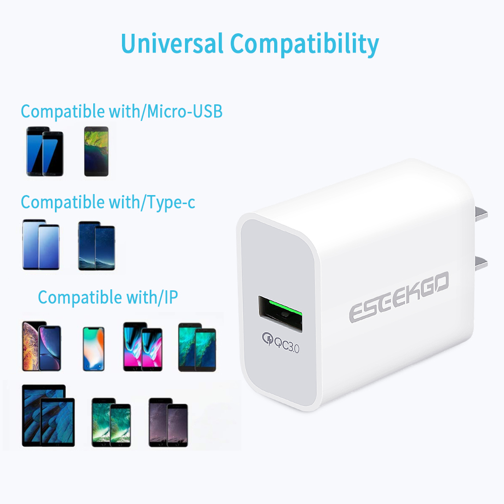 ESEEKGO QC-06 SET QC3.0 18W USB Travel Adapter With 3.3FT Micro / 8 pin / Type-C Charging Cable（18W / US）