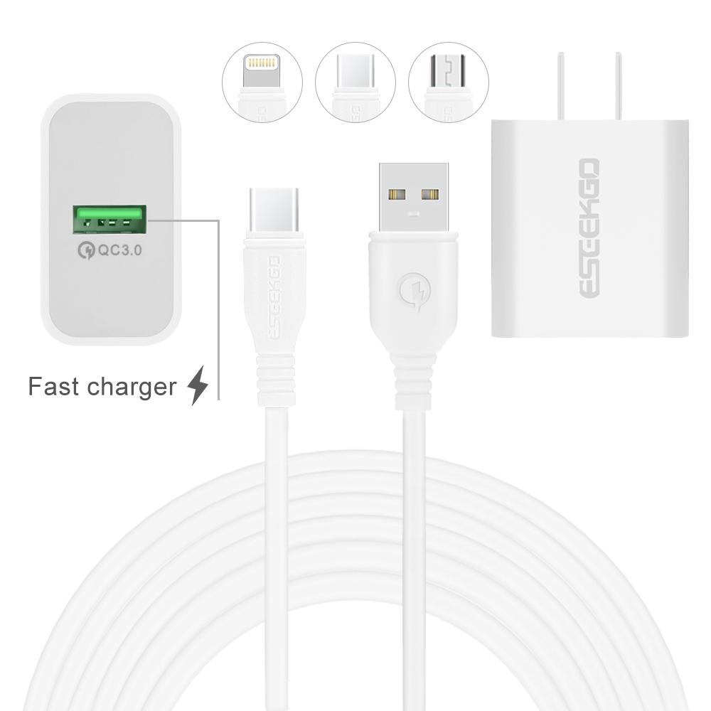 ESEEKGO QC-06 SET QC3.0 18W USB Travel Adapter With 3.3FT Micro / 8 pin / Type-C Charging Cable（18W / US）