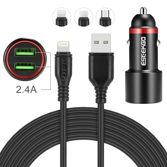 ESEEKGO CC-08S SET 12W Dual USB Car Charger With 4FT Micro / 8 pin / Type-C Charging Cable