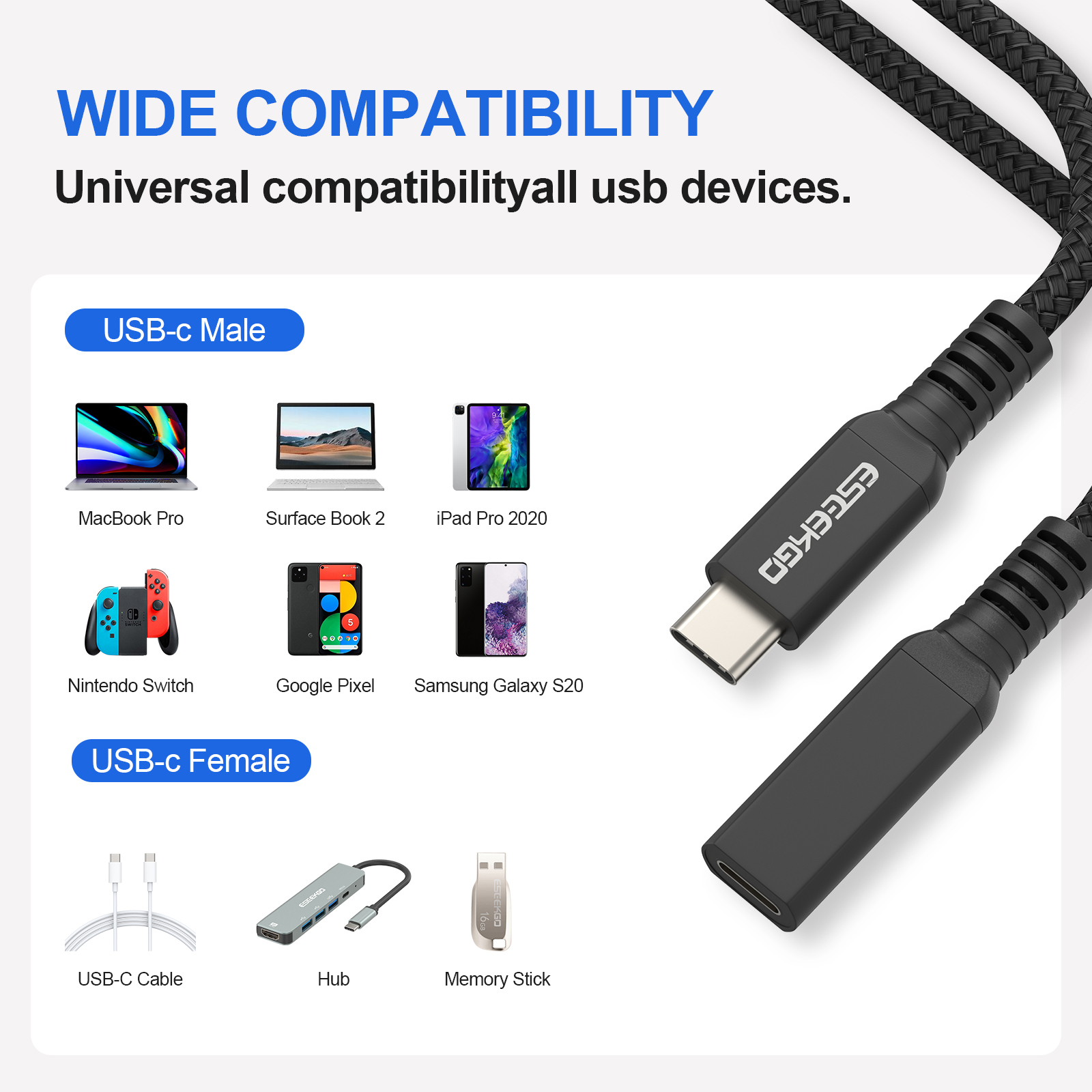 ESEEKGO E-15 Type-C Male to Female 240W Extension Cable（3.3FT / 6.6FT / 10FT）
