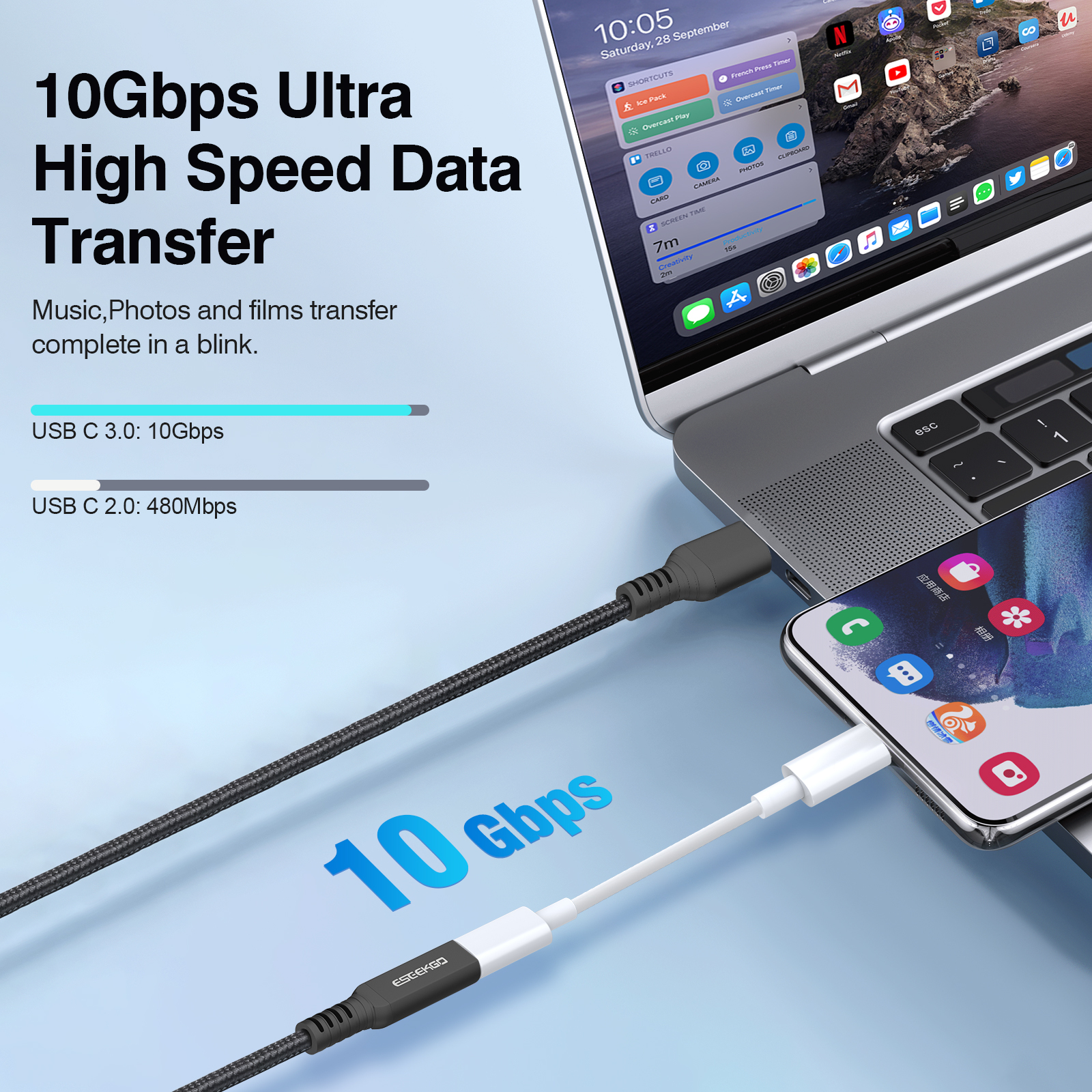 ESEEKGO E-16 USB3.1 To Type-C  Extension Data Cable（3.3FT / 10FT / 16.5FT）
