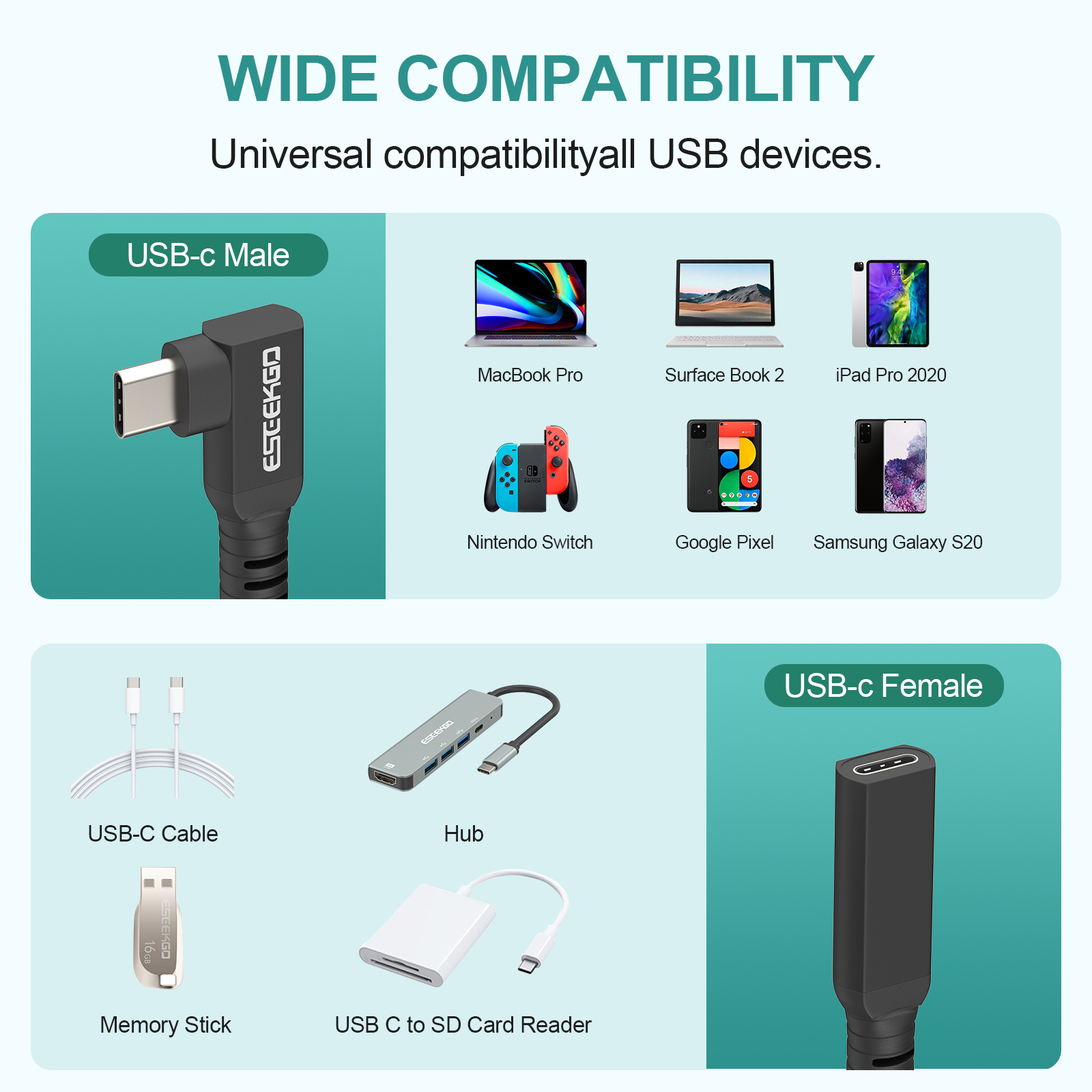 ESEEKGO E-18 Type-C Curved Male to Type-C Straight Female 60W Extension Data Cable（3.3FT / 6.6FT / 10FT）