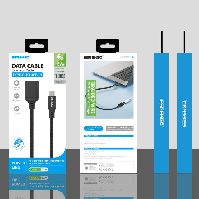 ESEEKGO E-17 TYPE-C Male To USB 3.1 Female 27W 10Gbps Extension Data Cable（3.3FT / 10FT / 16.5FT）