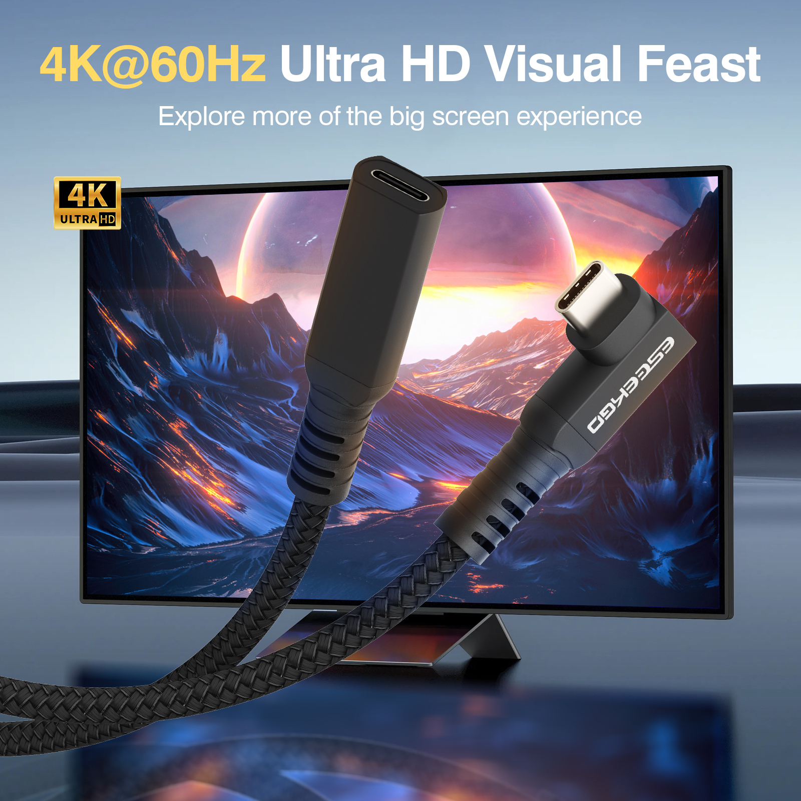ESEEKGO E-18 Type-C Curved Male to Type-C Straight Female 60W Extension Data Cable（3.3FT / 6.6FT / 10FT）