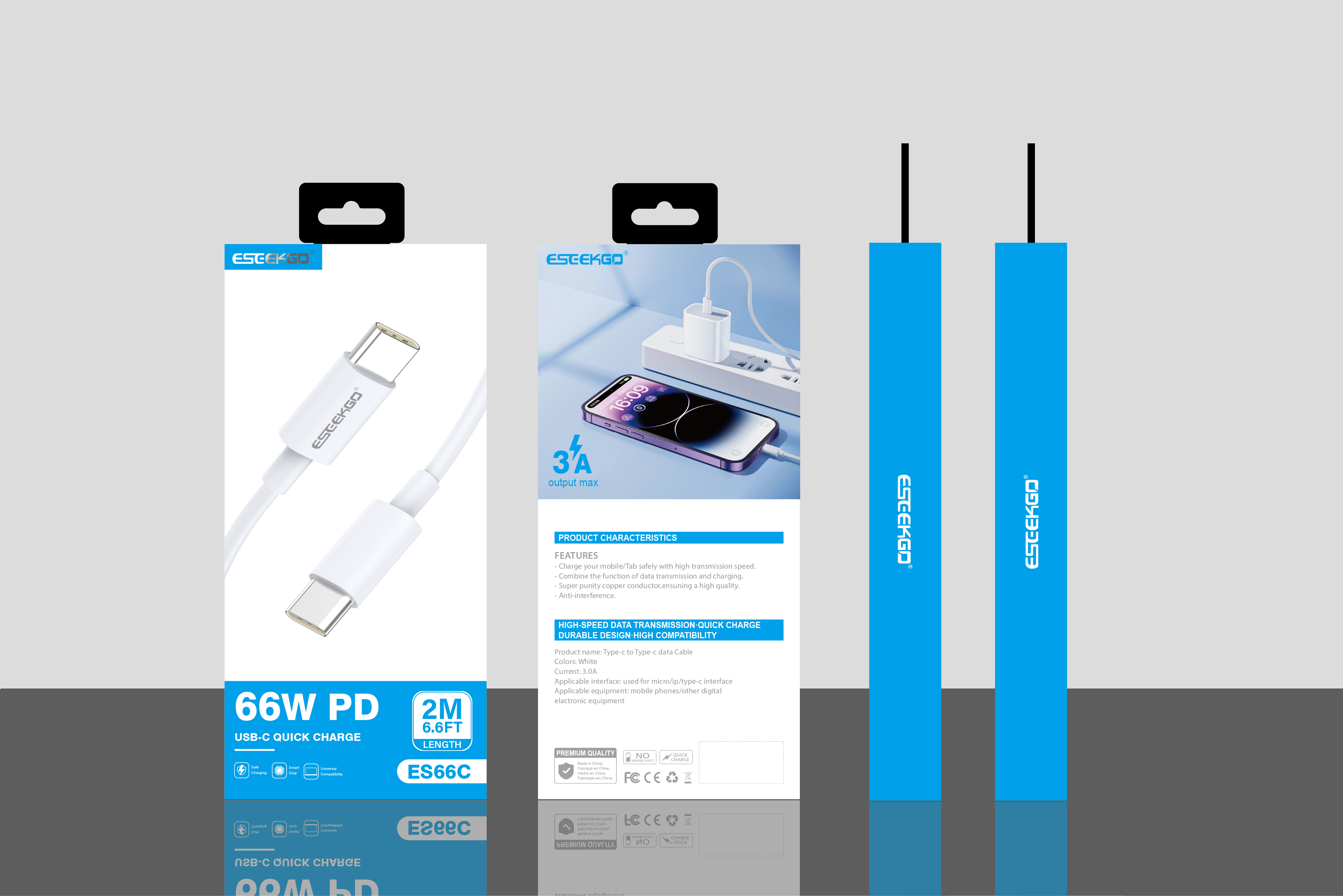 ESEEKGO ES-66C Type-C To Type-C  3.0A /66W Data Cable（3.3FT / 6.6FT / 10FT）