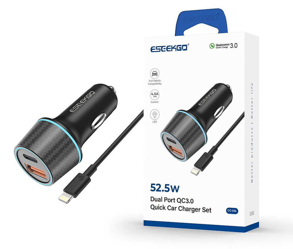 ESEEKGO CC-52L 52.5W QC22.5W+PD30W Car Charger With 3.3FT Type-C To Lightning Charging Cable