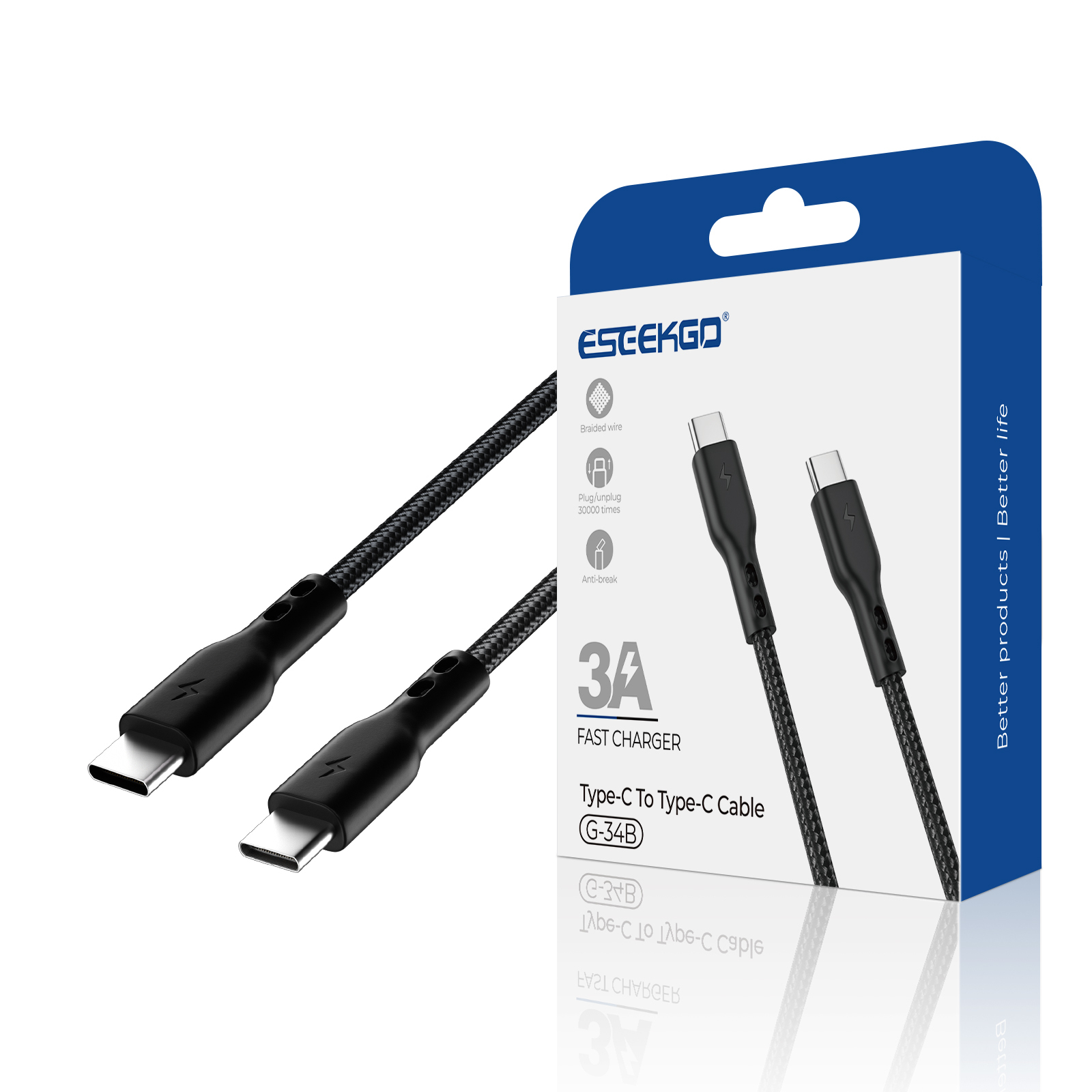 ESEEKGO G-34B Nylon Braided 3.0A 4FT Type-C to Type-C Data Cable