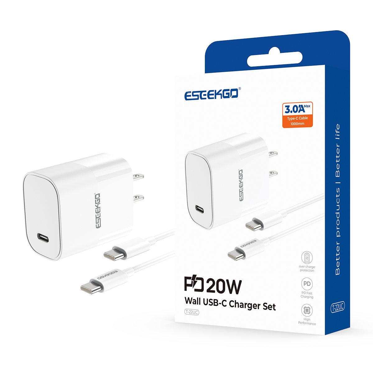 ESEEKGO T-22UC Fireproof PC Travel Adapter With 3.3FT Type-C To Type-C Fast Charging Cable（20W / US）