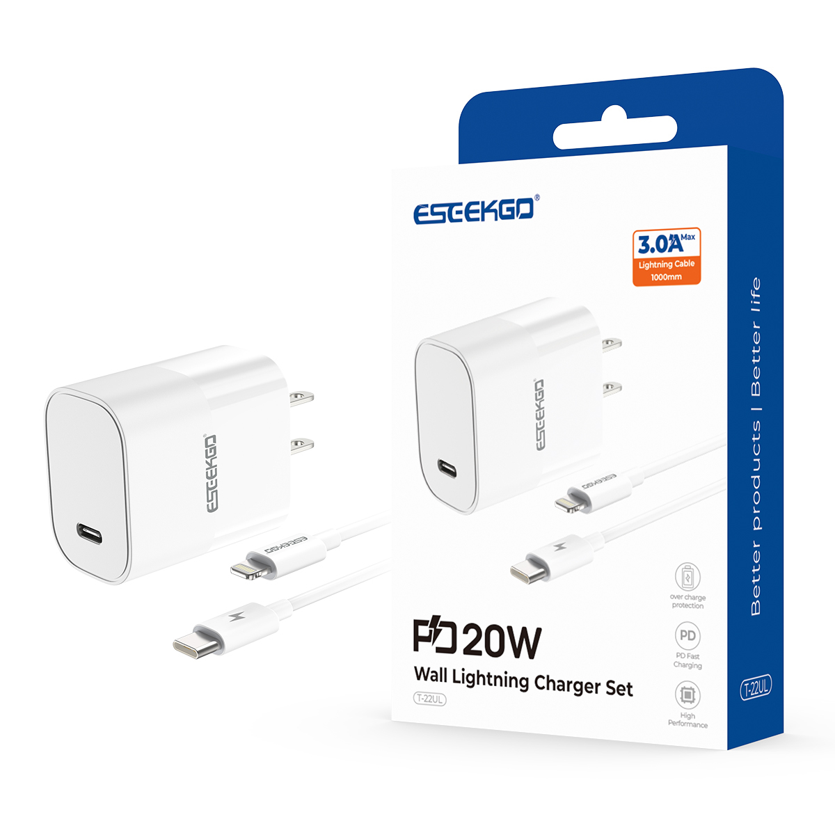 ESEEKGO T-22UL Fireproof PC Travel Adapter With 3.3FT Type-C To 8 PIN Fast Charging Cable（20W / US）