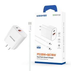 ESEEKGO T-32UC Fireproof PC Travel Adapter With 4FT Type-C To Type-C Fast Charging Cable（20W / US / 2 Ports）