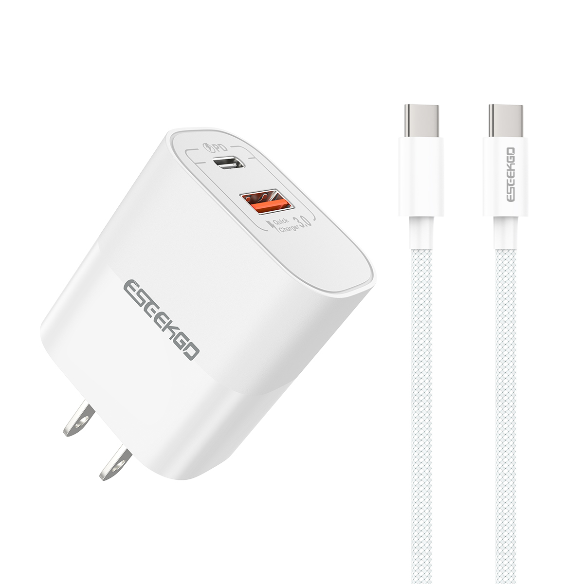 ESEEKGO T-32UC Fireproof PC Travel Adapter With 4FT Type-C To Type-C Fast Charging Cable（20W / US / 2 Ports）