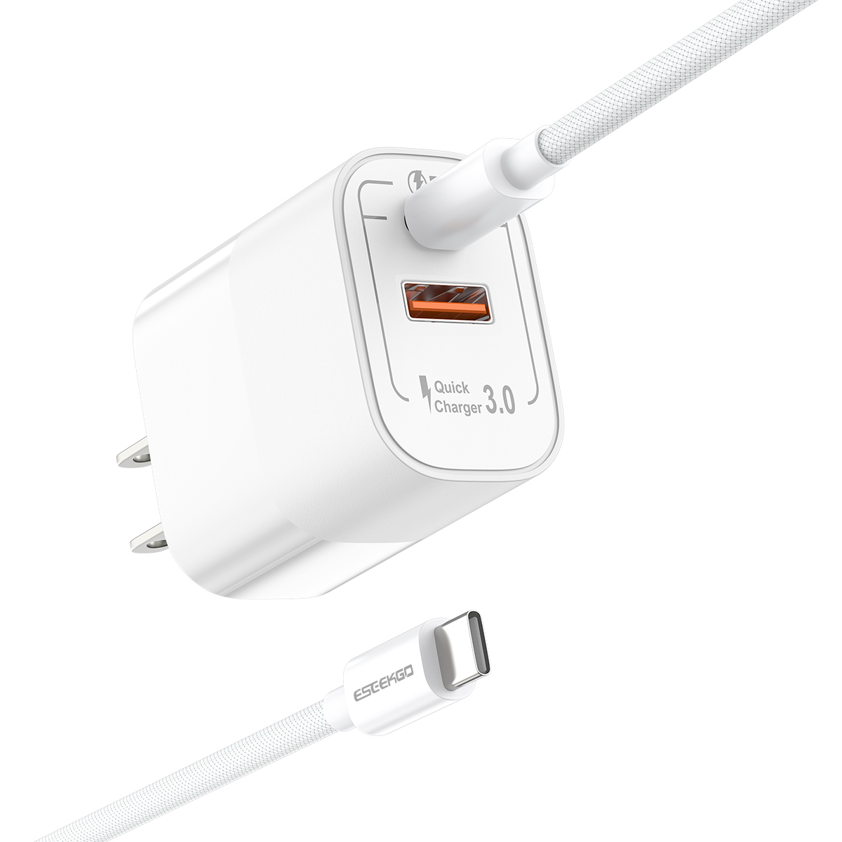 ESEEKGO T-32UC Fireproof PC Travel Adapter With 4FT Type-C To Type-C Fast Charging Cable（20W / US / 2 Ports）