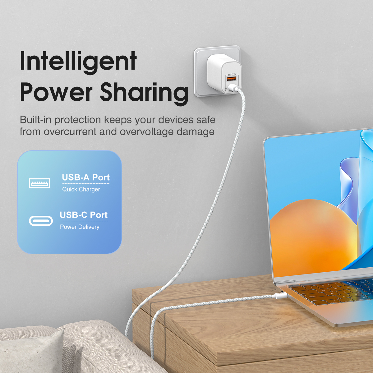 ESEEKGO T-32UC Fireproof PC Travel Adapter With 4FT Type-C To Type-C Fast Charging Cable（20W / US / 2 Ports）