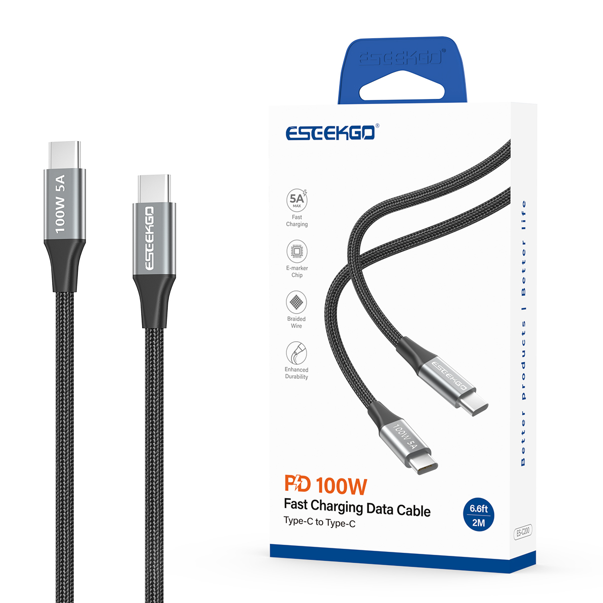 ESEEKGO ES-C200  USB-C To USB-C 100W/5A 2M/6.6FT Data Cable