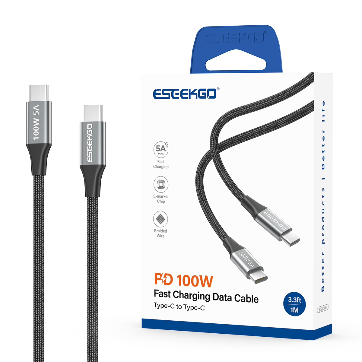 ESEEKGO ES-C100  USB-C To USB-C 100W/5A 1M/3.3FT Data Cable