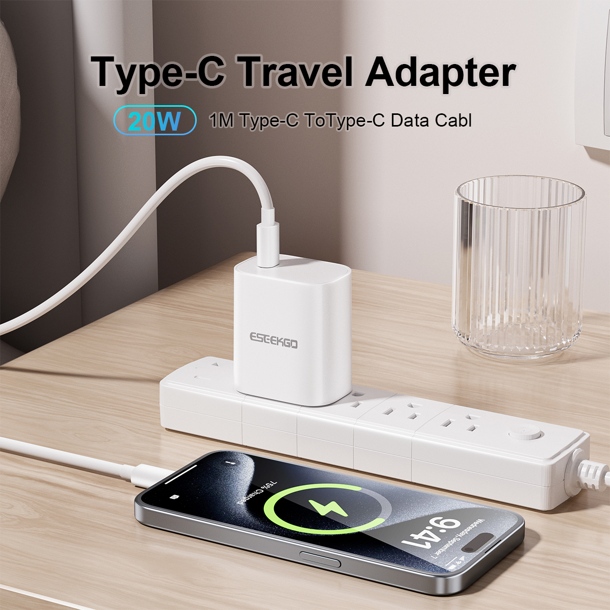ESEEKGO T-22UC Fireproof PC Travel Adapter With 3.3FT Type-C To Type-C Fast Charging Cable（20W / US）
