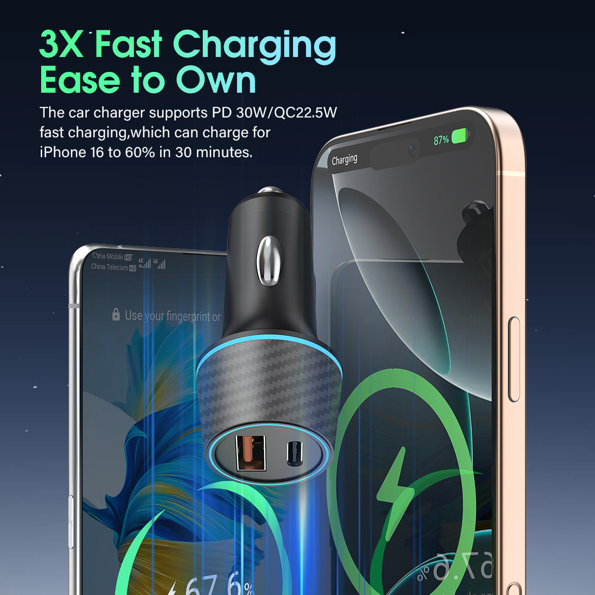 ESEEKGO C-52B 52.5W QC22.5W+PD30W Car Charger