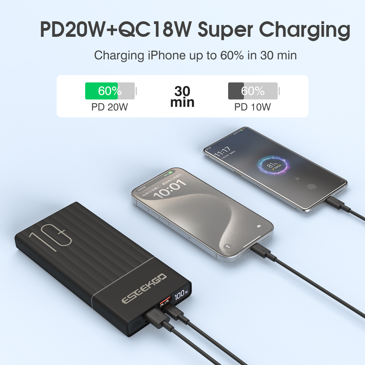 ESEEKGO P-10B 10000mAh PD20W+22.5W Digital Display  Power Bank & 1.3FT USB-C To C Charging Cable