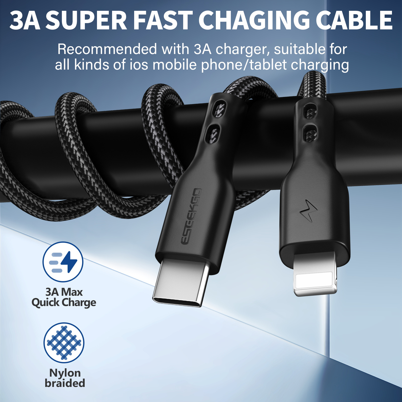 ESEEKGO G-35B Nylon Braided 3.0A 4FT Type-C to 8 PIN Data Cable