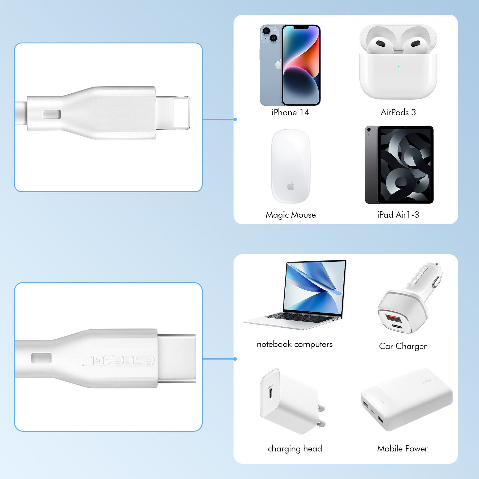 ESEEKGO G-15A 3.0A 3.3FT Type-C to 8 PIN Data Cable