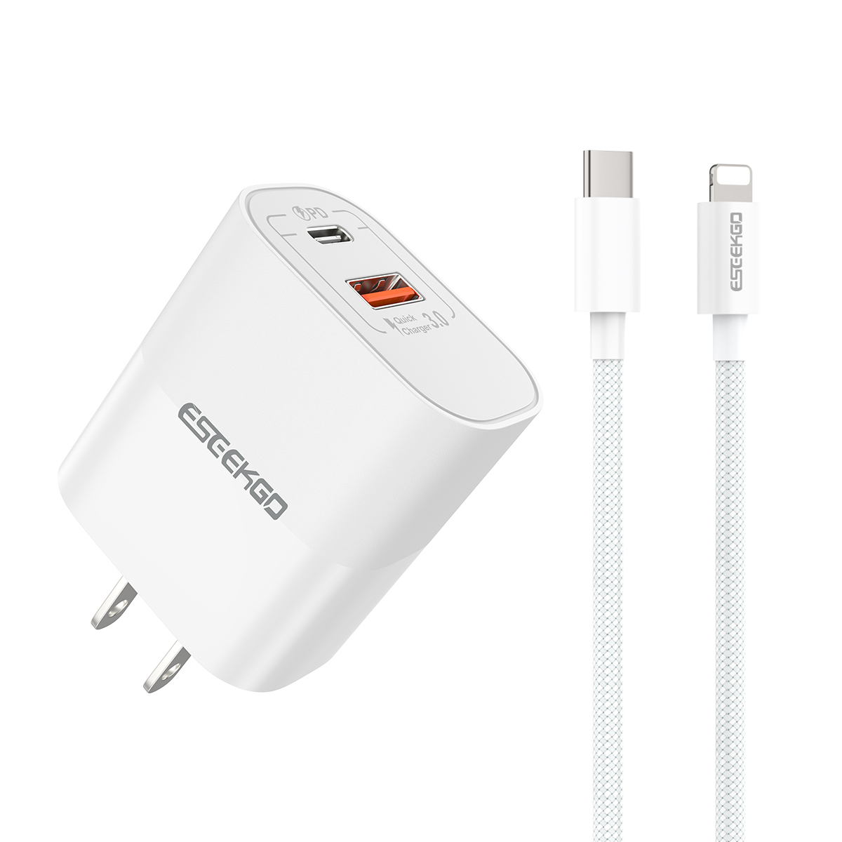 ESEEKGO T-32UL Fireproof PC Travel Adapter With 4FT Type-C To 8 PIN Fast Charging Cable（20W / US / 2 Ports）
