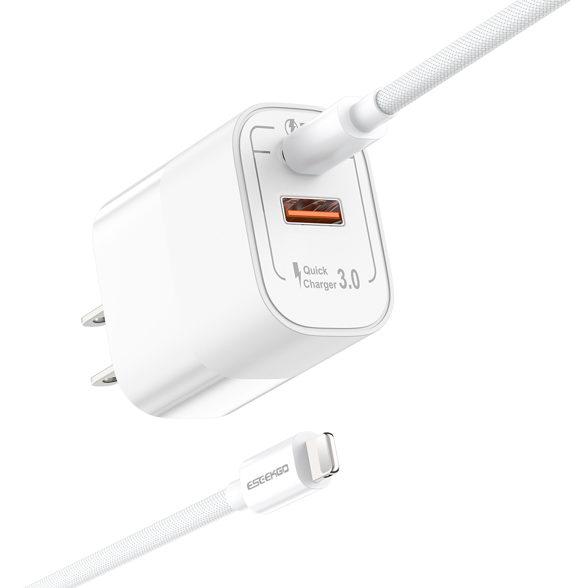 ESEEKGO T-32UL Fireproof PC Travel Adapter With 4FT Type-C To 8 PIN Fast Charging Cable（20W / US / 2 Ports）