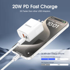 ESEEKGO T-32UL Fireproof PC Travel Adapter With 4FT Type-C To 8 PIN Fast Charging Cable（20W / US / 2 Ports）