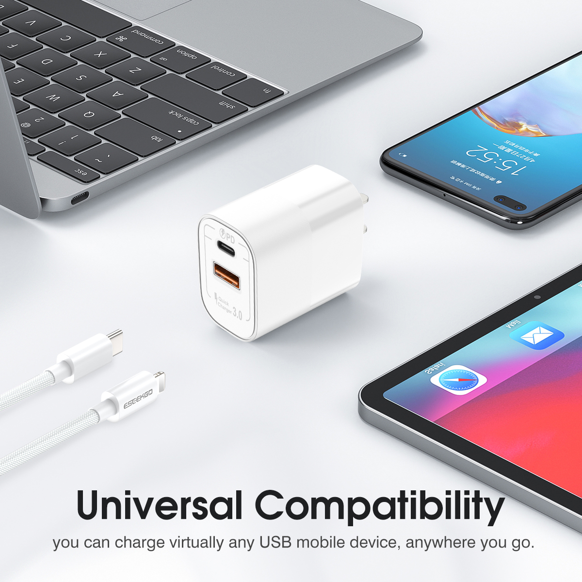 ESEEKGO T-32UL Fireproof PC Travel Adapter With 4FT Type-C To 8 PIN Fast Charging Cable（20W / US / 2 Ports）