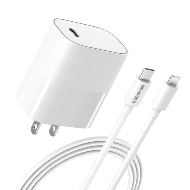 ESEEKGO T-22UL Fireproof PC Travel Adapter With 3.3FT Type-C To 8 PIN Fast Charging Cable（20W / US）