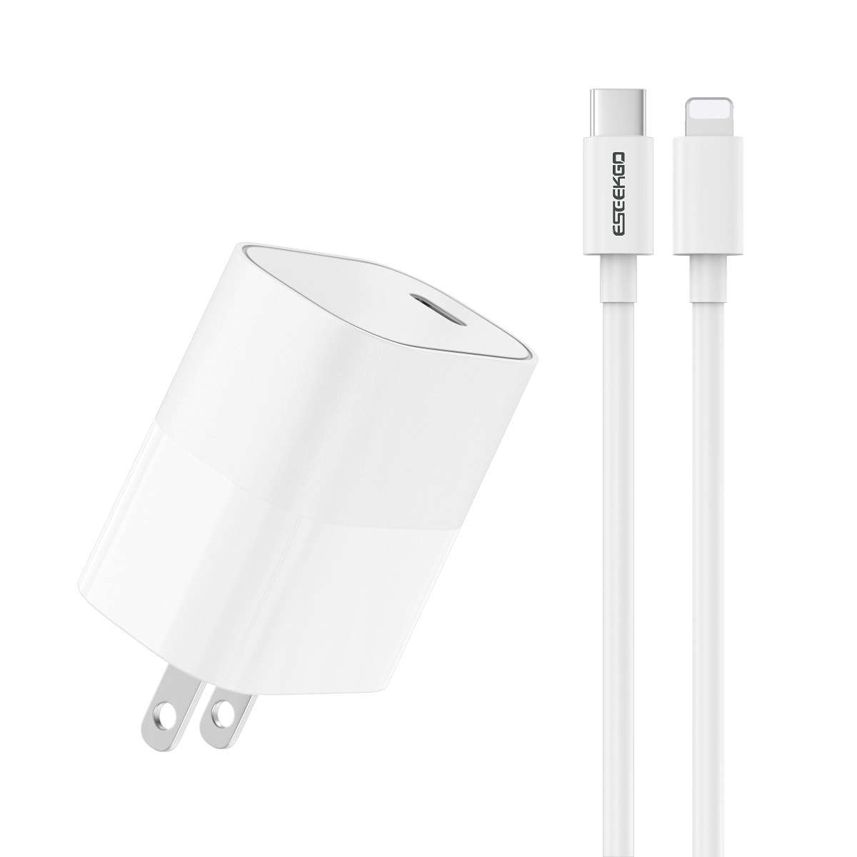 ESEEKGO T-22UL Fireproof PC Travel Adapter With 3.3FT Type-C To 8 PIN Fast Charging Cable（20W / US）