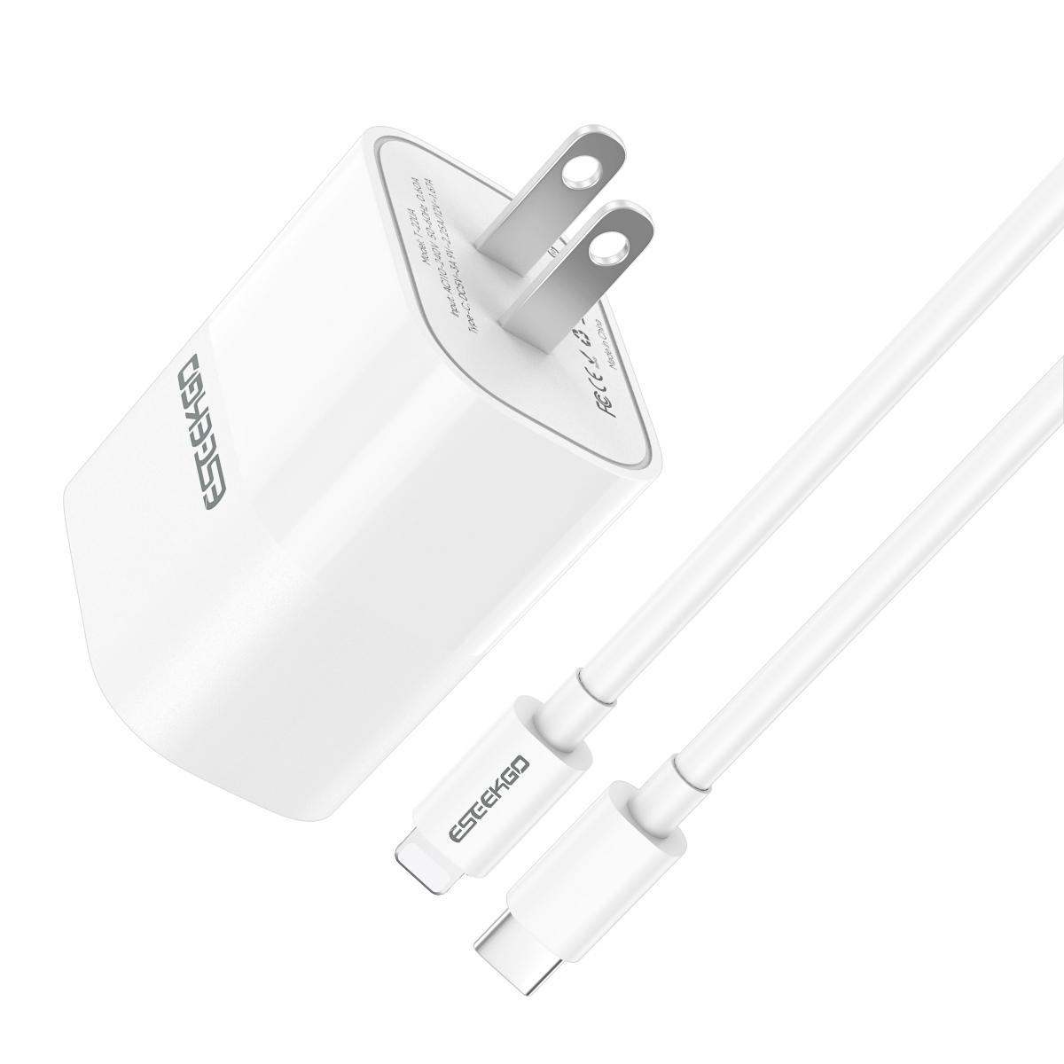ESEEKGO T-22UL Fireproof PC Travel Adapter With 3.3FT Type-C To 8 PIN Fast Charging Cable（20W / US）