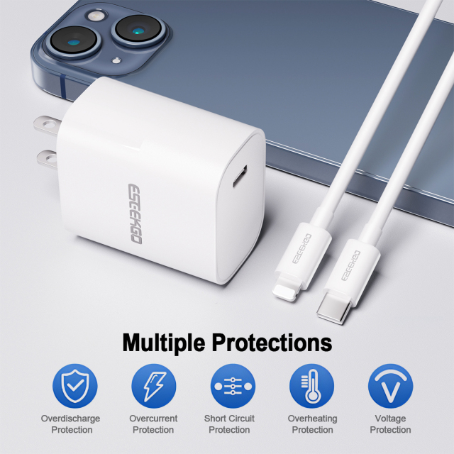 ESEEKGO T-22UL Fireproof PC Travel Adapter With 3.3FT Type-C To 8 PIN Fast Charging Cable（20W / US）