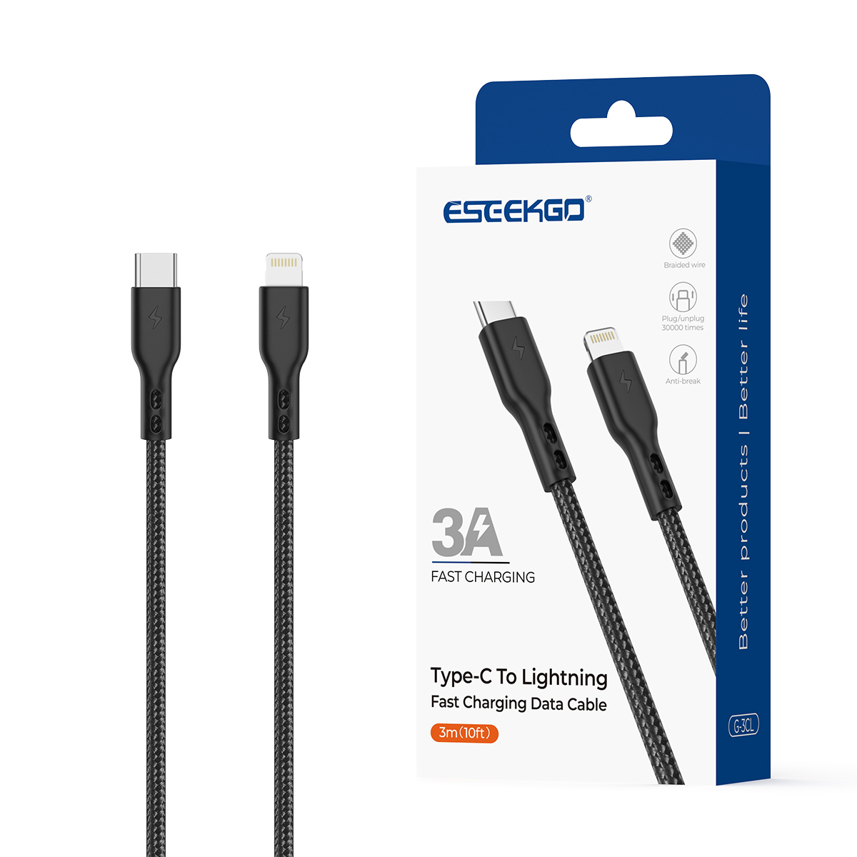 ESEEKGO G-3CL Nylon Braided 3.0A 3M（10FT） Type-C To 8 PIN Data Cable