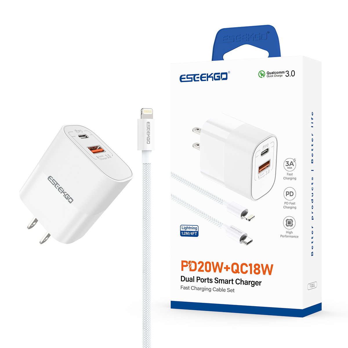 ESEEKGO T-32UL Fireproof PC Travel Adapter With 4FT Type-C To 8 PIN Fast Charging Cable（20W / US / 2 Ports）