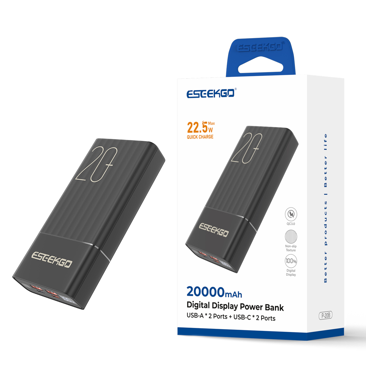 ESEEKGO P-20B 20000mAh PD20W+22.5W Digital Display  Power Bank & 1.3FT USB-C To C Charging Cable