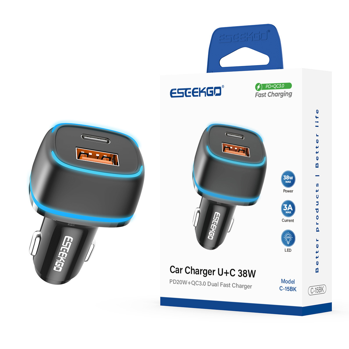 ESEEKGO C-15BK 38W LED QC3.0+PD20W Car Charger