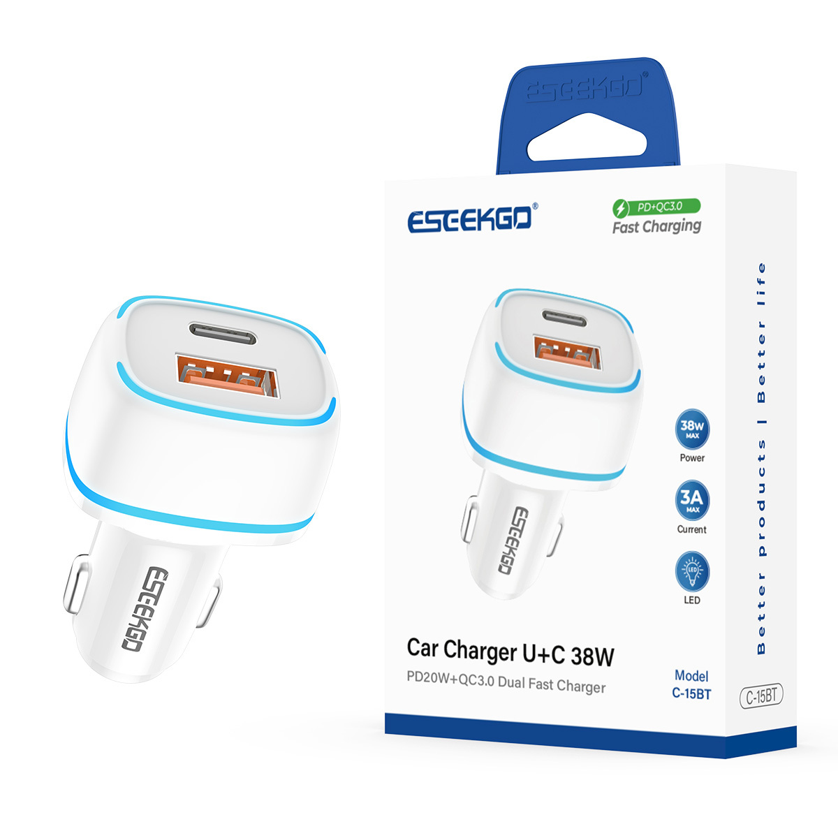 ESEEKGO C-15BT 38W LED QC3.0+PD20W Car Charger