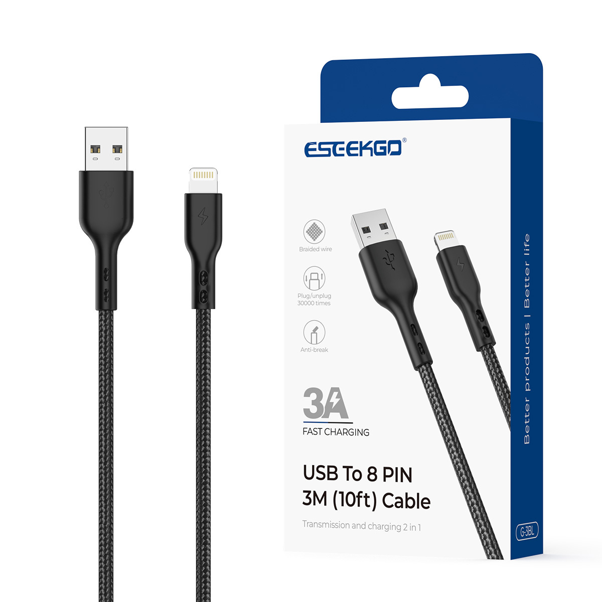 ESEEKGO G-3BL Nylon Braided 3.0A 3M（10FT） USB to 8 PIN Data Cable