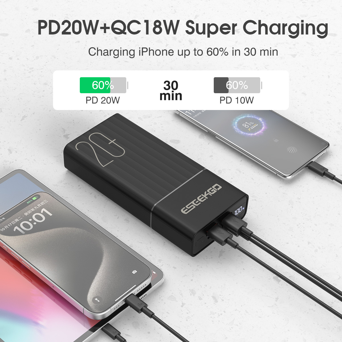 ESEEKGO P-20B 20000mAh PD20W+22.5W Digital Display  Power Bank & 1.3FT USB-C To C Charging Cable
