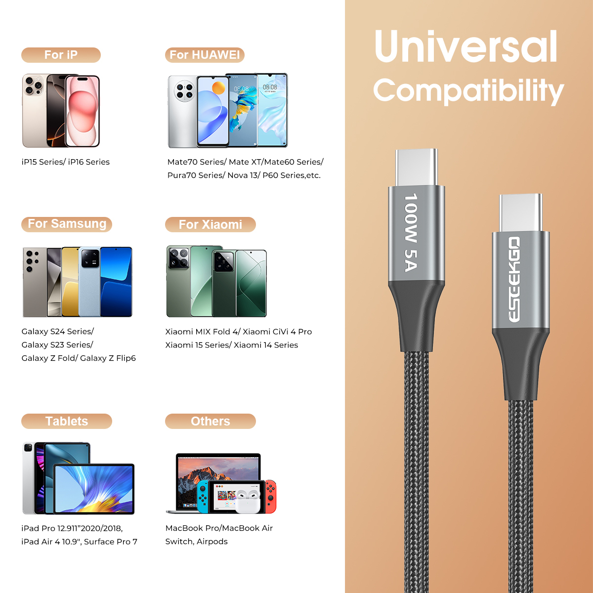 ESEEKGO ES-C300  USB-C To USB-C 100W/5A 3M/10FT Data Cable