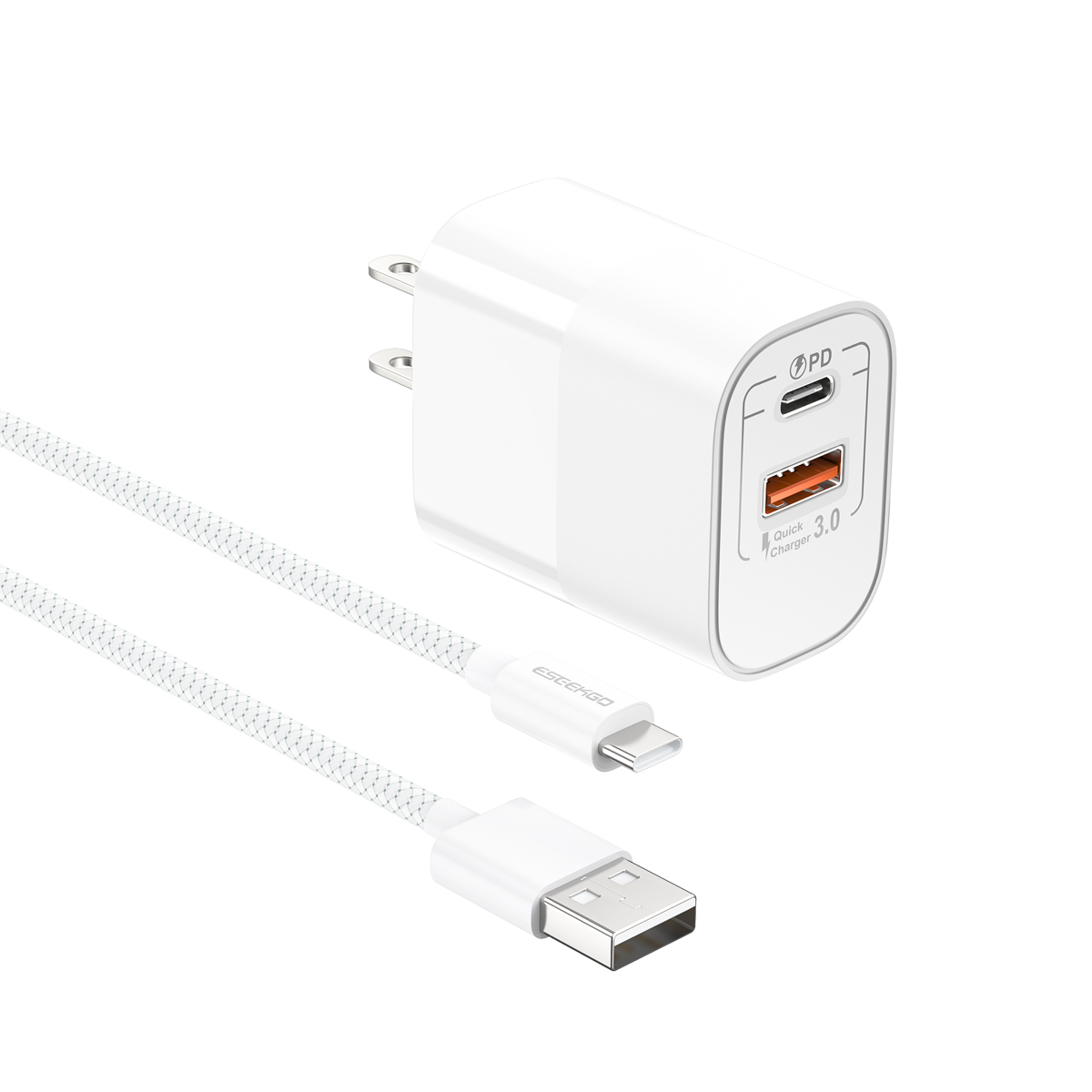 ESEEKGO T-32AC 3.0A 20W Type-C +USB Travel Adapter & 1.2M USB-A To Type-C Data Cable