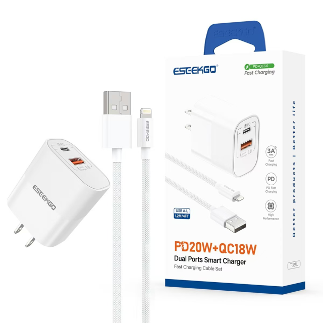 ESEEKGO T-32AL 3.0A 20W Type-C +USB Travel Adapter & 1.2M USB-A To 8PIN Data Cable