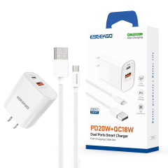 ESEEKGO T-32AC 3.0A 20W Type-C +USB Travel Adapter & 1.2M USB-A To Type-C Data Cable