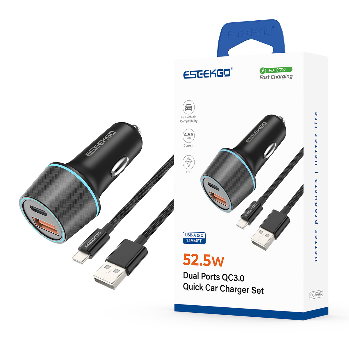 ESEEKGO CC-52AC 52.5W Car Charger & USB-A To Type-C Charging Cable
