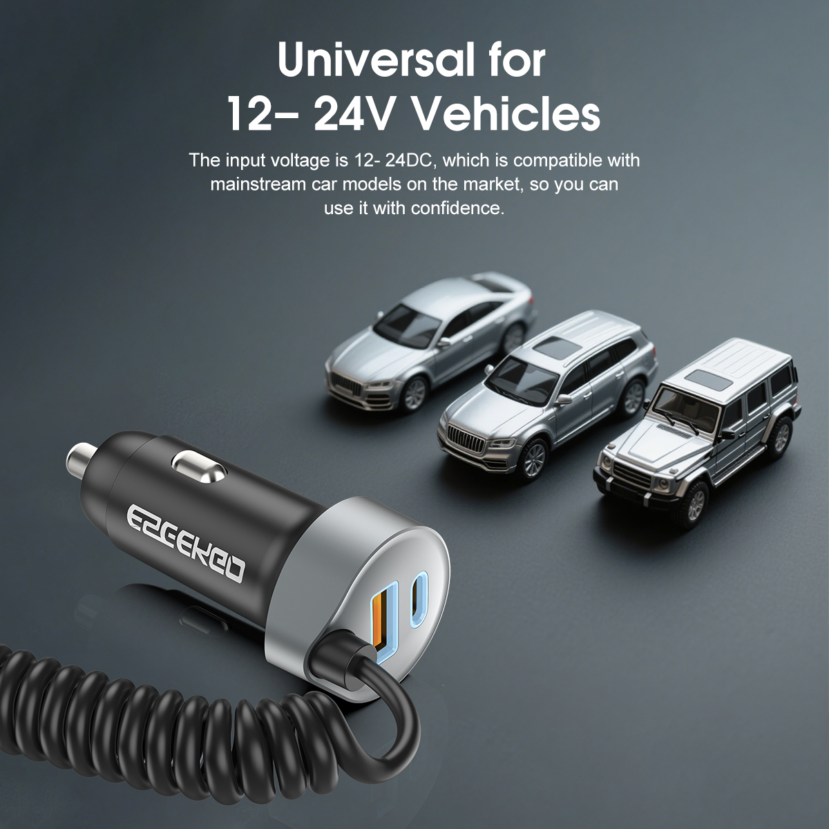 ESEEKGO C-35BK Retractable 60W Car Charger with 3 In 1 Cable