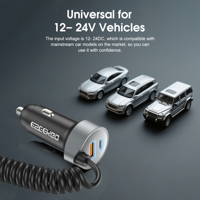 ESEEKGO C-35BK Retractable 60W Car Charger with 3 In 1 Cable